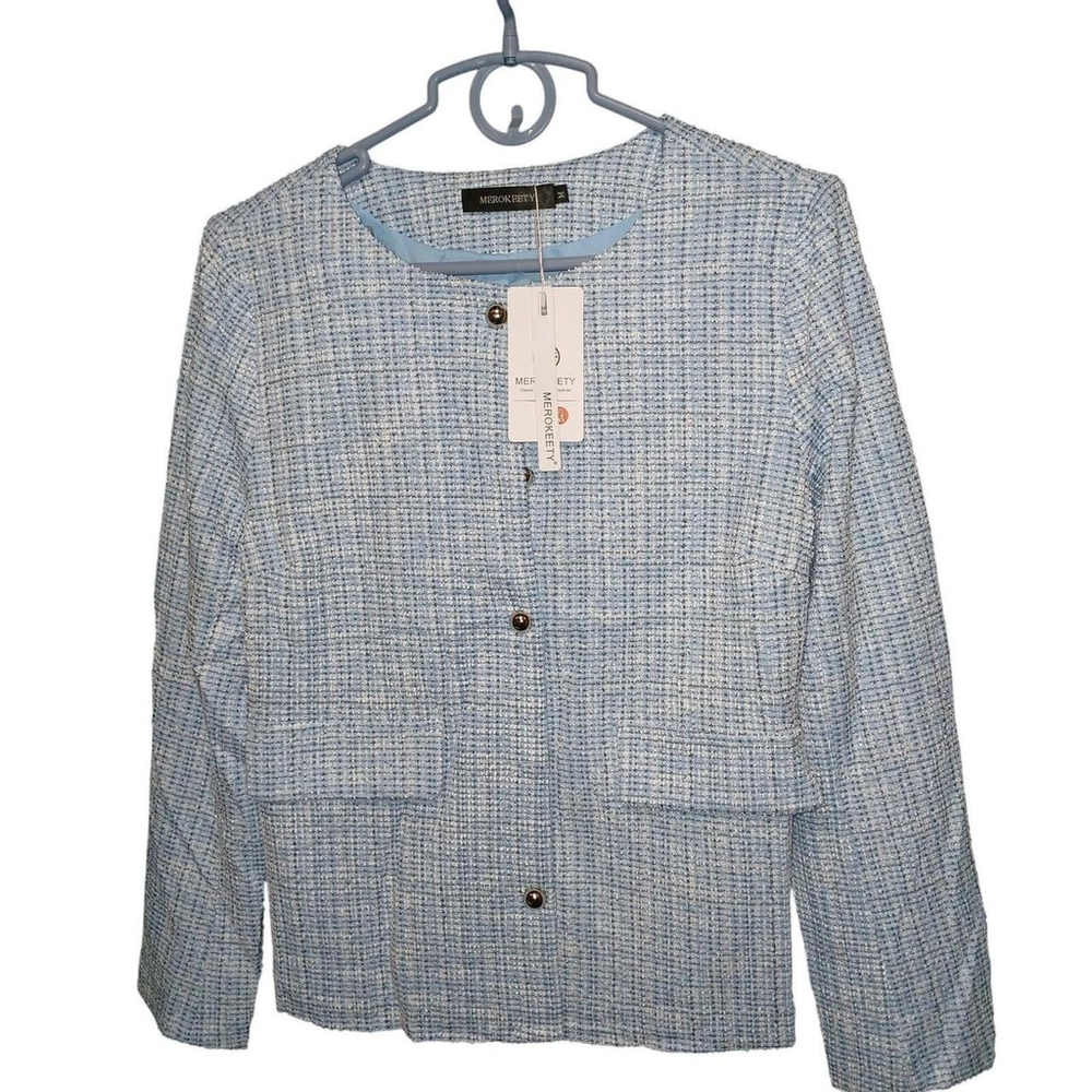 MEROKEETY Women's Textured Blazer Jacket Light Blue‎ Button Front Size M